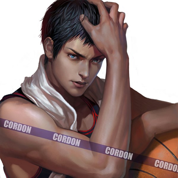 Anime picture 900x900 with kuroko no basket production i.g aomine daiki shitsu soku k single looking at viewer short hair blue eyes black hair simple background white background lips realistic hand on head towel around neck boy uniform gym uniform towel ball