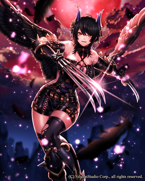 Anime picture 800x1000 with gyakushuu no fantasica katagiri hachigou single tall image looking at viewer short hair open mouth light erotic black hair red eyes sky cloud (clouds) horn (horns) red moon girl thighhighs dress gloves weapon black thighhighs
