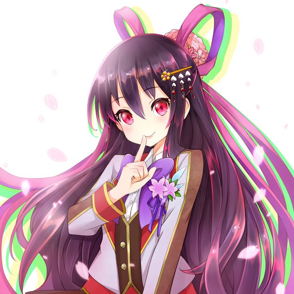 Anime picture 1000x1000 with shironeko project kasumi (shironeko project) pilokey single long hair looking at viewer blush fringe black hair simple background smile hair between eyes white background upper body pink eyes hair flower sparkle finger to mouth girl flower (flowers)