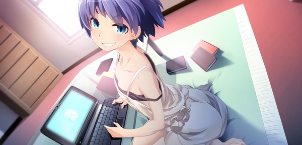 Anime picture 2250x1080 with brava! single looking at viewer blush highres short hair blue eyes smile wide image blue hair game cg girl dress book (books) sundress laptop