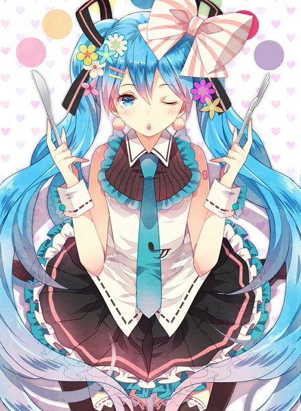 Anime picture 777x1061 with vocaloid hatsune miku domotolain single long hair tall image looking at viewer blush open mouth blue eyes twintails bare shoulders blue hair one eye closed wink girl thighhighs hair ornament bow black thighhighs