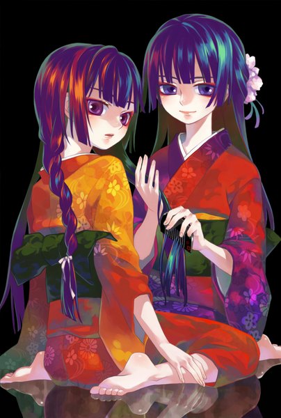 Anime picture 1300x1927 with original minami seira long hair tall image black hair smile multiple girls braid (braids) japanese clothes looking back barefoot hair flower twin braids black background girl hair ornament 2 girls belt kimono comb