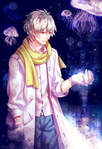 Anime picture 1000x1461 with dramatical murder nitro+chiral clear (dmmd) kurayoshi samu (sum) single tall image fringe short hair blonde hair standing pink eyes open clothes mole open collar hand in pocket twisty sleeves boy gloves shirt belt