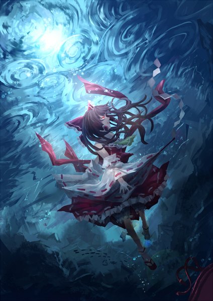 Anime picture 706x1000 with touhou hakurei reimu makai no juumin single long hair tall image fringe red eyes brown hair holding looking away traditional clothes profile glowing glowing eye (eyes) underwater girl bow ribbon (ribbons) hair bow