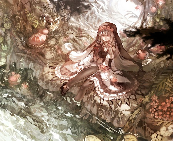 Anime picture 1500x1227 with original r04315 single long hair open mouth red eyes sitting white hair girl thighhighs dress flower (flowers) black thighhighs plant (plants) pantyhose water crystal habit