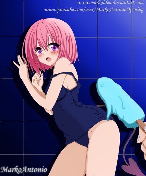 Anime picture 2500x3000 with toloveru toloveru darkness xebec momo velia deviluke markoldea single tall image blush highres short hair open mouth light erotic purple eyes pink hair inscription girl swimsuit food sweets one-piece swimsuit