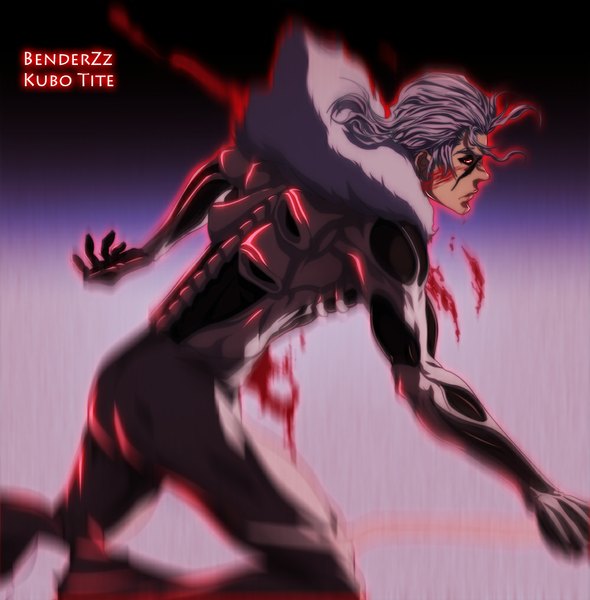 Anime picture 1000x1017 with bleach studio pierrot ginjou kuugo benderzz single tall image short hair red eyes profile grey hair coloring boy armor fur blood