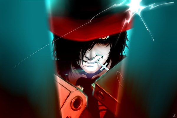 Anime picture 1500x1000 with hellsing alucard (hellsing) sapon244 looking at viewer fringe short hair black hair smile red eyes holding blurry hair over one eye mouth hold portrait face pale skin clenched teeth vampire demon eyes weapon