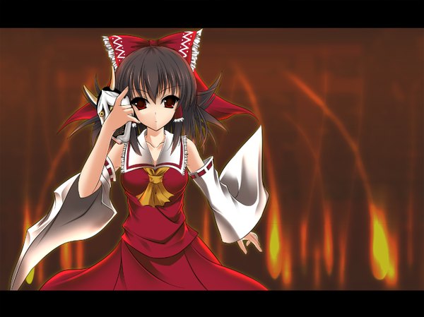 Anime picture 1600x1199 with touhou hakurei reimu saxasa kisuk highres black hair red eyes japanese clothes miko girl skirt ribbon (ribbons) detached sleeves mask skirt set