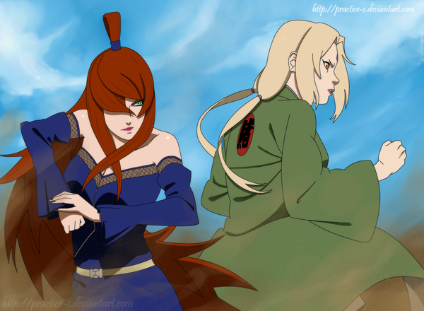 Anime picture 1200x880 with naruto studio pierrot naruto (series) tsunade mei terumi (mizukage) practice-s long hair fringe blonde hair brown hair twintails bare shoulders multiple girls brown eyes green eyes sky cloud (clouds) ponytail profile lips
