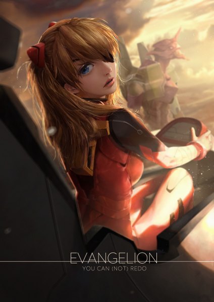 Anime picture 877x1240 with neon genesis evangelion gainax soryu asuka langley lightofheaven single long hair tall image looking at viewer open mouth blue eyes blonde hair sitting parted lips looking back realistic inscription copyright name girl hair ornament bodysuit