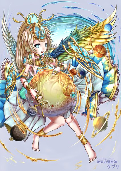 Anime picture 1654x2339 with puzzle & dragons khepri (p&d) wakaura asaho single long hair tall image looking at viewer open mouth blonde hair traditional clothes barefoot aqua eyes :o blue background goddess egyptian clothes girl dress earrings wings