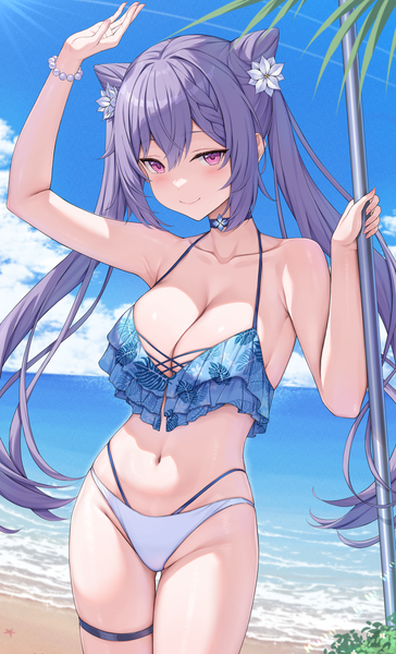 Anime picture 2426x4000 with genshin impact keqing (genshin impact) rosumerii single long hair tall image looking at viewer blush fringe highres breasts light erotic smile large breasts standing purple eyes twintails payot sky cleavage