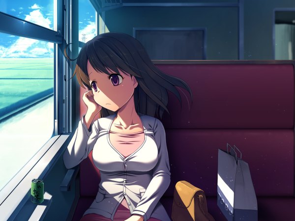Anime picture 1280x960 with original kanisaka (artist) single long hair brown hair sitting purple eyes looking away shaded face head rest girl window cardigan train shopping bag