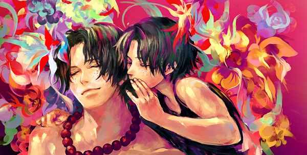Anime picture 1087x550 with one piece toei animation portgas d. ace tsuyomaru short hair black hair smile wide image bare shoulders eyes closed dual persona alternate age freckles younger boy flower (flowers) beads