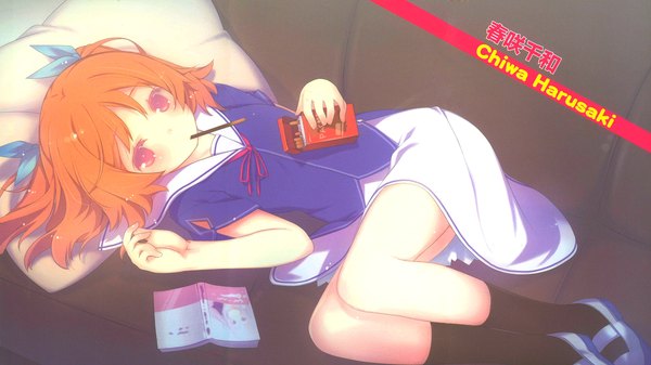 Anime picture 2136x1200 with ore no kanojo to osananajimi ga shuraba sugiru a-1 pictures harusaki chiwa ruroo single blush highres short hair wide image lying pink eyes from above scan orange hair two side up character names girl uniform socks serafuku