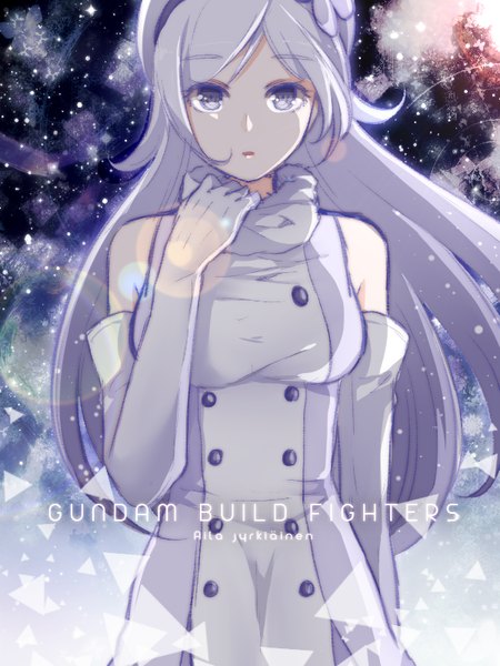 Anime picture 600x800 with mobile suit gundam gundam build fighters sunrise (studio) aila jyrkiainen monicanc single long hair tall image looking at viewer purple eyes bare shoulders purple hair copyright name character names girl gloves elbow gloves beret