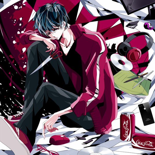 Anime picture 1446x1446 with kagerou project shaft (studio) coca-cola apple inc. kisaragi shintarou motoki2211 single short hair black hair red eyes sitting holding bent knee (knees) open clothes open jacket finger to mouth looking down product placement boy glasses