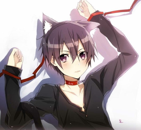 Anime picture 1088x1000 with sword art online a-1 pictures kirigaya kazuto jianmo sl single looking at viewer blush short hair black hair simple background white background signed animal ears cat ears shadow character names boy ribbon (ribbons)