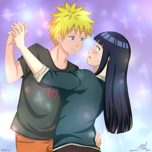 Anime picture 1600x1600 with naruto studio pierrot naruto (series) uzumaki naruto hyuuga hinata long hair blush short hair open mouth blue eyes black hair blonde hair signed couple facial mark whisker markings jinchuriki white eyes girl boy