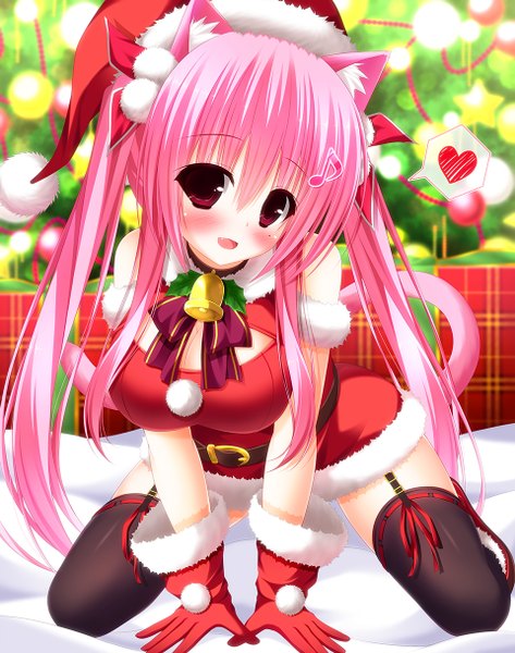 Anime picture 960x1216 with original yunagi amane single long hair tall image looking at viewer blush open mouth light erotic red eyes twintails animal ears pink hair tail animal tail cat ears cat girl cat tail fur trim christmas