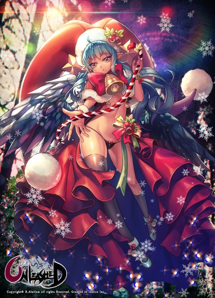 Anime picture 600x831 with unleashed r.alnilam single long hair tall image looking at viewer light erotic red eyes blue hair pointy ears outstretched arm christmas bell collar merry christmas girl thighhighs underwear panties wings black panties