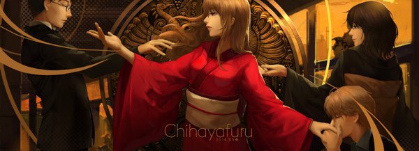 Anime picture 1600x580 with chihayafuru madhouse ayasa chihaya taichi majima wataya arata wakamiya shinobu lightofheaven long hair short hair black hair brown hair wide image multiple girls brown eyes eyes closed traditional clothes japanese clothes profile copyright name girl