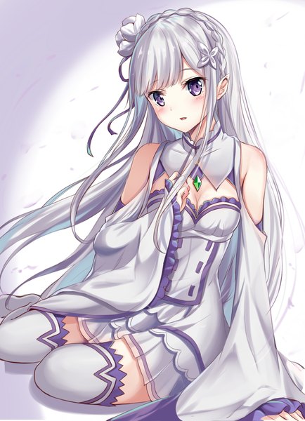 Anime picture 1227x1694 with re:zero kara hajimeru isekai seikatsu white fox emilia (re:zero) karumayu single long hair tall image looking at viewer blush purple eyes silver hair pointy ears girl thighhighs dress detached sleeves white dress