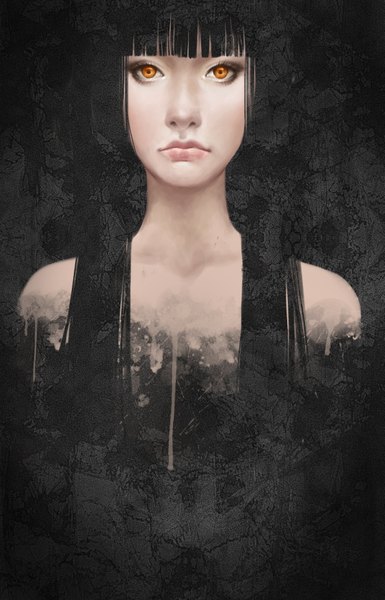 Anime picture 2250x3499 with original shilesque long hair tall image looking at viewer highres black hair bare shoulders lips realistic orange eyes black background girl