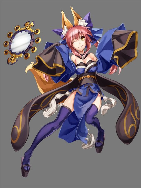 Anime picture 850x1133 with fate (series) fate/extra type-moon tamamo (fate) (all) tamamo no mae (fate) nakasaki hydra single long hair tall image looking at viewer simple background twintails animal ears yellow eyes pink hair tail traditional clothes japanese clothes animal tail one eye closed