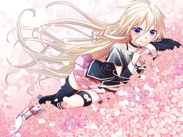 Anime picture 1600x1200 with vocaloid ia (vocaloid) junji single long hair looking at viewer blue eyes blonde hair smile lying braid (braids) pleated skirt wind girl thighhighs skirt uniform flower (flowers) black thighhighs petals