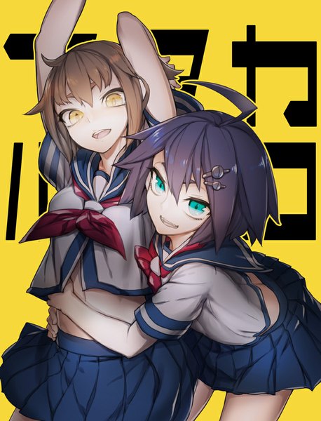 Anime picture 764x1000 with kantai collection furutaka heavy cruiser kako heavy cruiser rzpoppo tall image looking at viewer short hair open mouth blue eyes light erotic black hair simple background smile brown hair multiple girls yellow eyes ahoge short sleeves yellow background girl