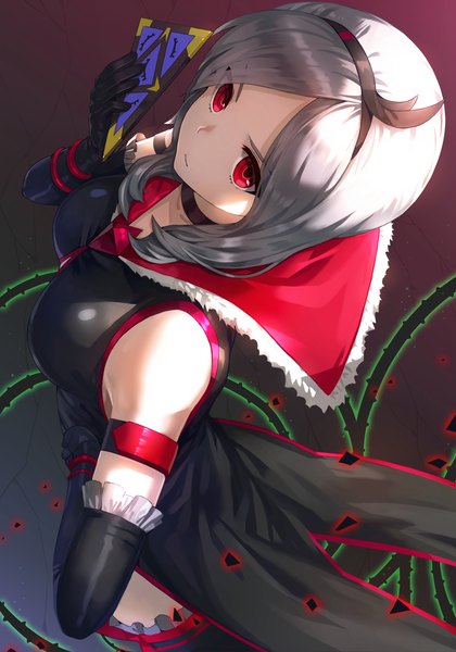 Anime picture 793x1132 with precure fresh precure! toei animation higashi setsuna eas kfr single long hair tall image looking at viewer breasts red eyes standing holding silver hair from above girl thighhighs gloves black thighhighs