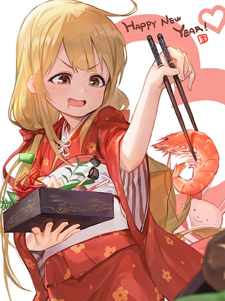 Anime picture 600x802 with idolmaster idolmaster cinderella girls futaba anzu modare single long hair tall image fringe simple background blonde hair white background twintails payot ahoge traditional clothes japanese clothes orange eyes low twintails new year happy new year