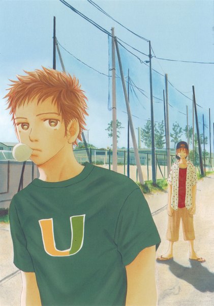 Anime picture 2485x3541 with bokura ga ita motoharu yano masafumi takeuchi tall image looking at viewer highres short hair smile brown hair standing brown eyes sky eyes closed open clothes multiple boys shadow open shirt happy boy plant (plants)