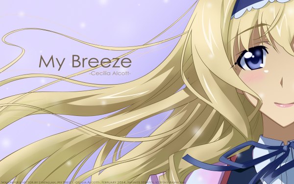 Anime picture 2560x1600 with infinite stratos 8bit cecilia orcott single long hair looking at viewer blush highres blue eyes blonde hair smile girl uniform school uniform hairband