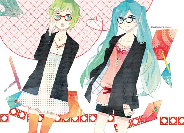 Anime picture 1012x737 with vocaloid hatsune miku gumi kyang692 long hair looking at viewer blush short hair open mouth blue eyes twintails multiple girls green eyes looking away nail polish green hair aqua hair polka dot adjusting glasses bespectacled