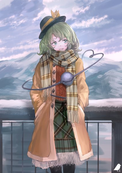 Anime picture 848x1200 with touhou komeiji koishi you shimizu single tall image blush fringe short hair open mouth smile hair between eyes standing green eyes signed looking away sky cloud (clouds) outdoors long sleeves watermark
