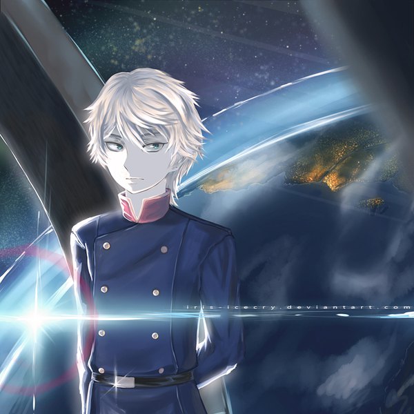 Anime picture 900x900 with aldnoah.zero a-1 pictures slaine troyard iris-icecry single fringe short hair blue eyes blonde hair hair between eyes standing looking away upper body sparkle light hands behind back space military boy uniform