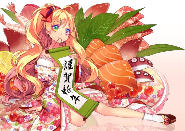Anime picture 1688x1200 with original sougishi ego single long hair looking at viewer blonde hair holding traditional clothes japanese clothes mouth hold new year multicolored eyes nengajou girl bow hair bow socks food kimono white socks