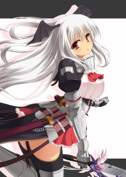 Anime picture 858x1200 with fantasy earth fleck taletale single long hair tall image looking at viewer blush simple background red eyes white background silver hair erect nipples covered nipples head wings girl thighhighs weapon black thighhighs sword