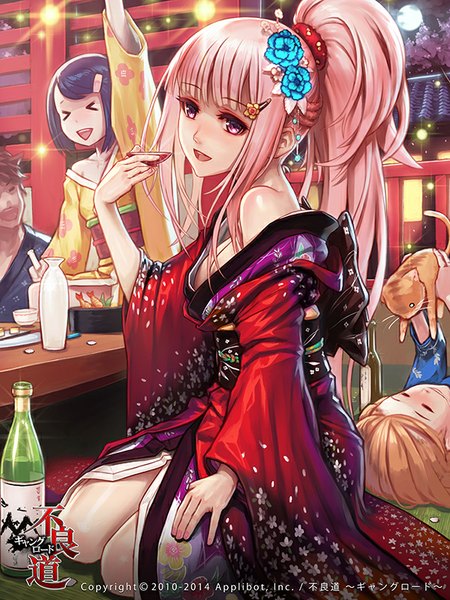 Anime picture 600x800 with furyou michi ~gang road~ remana long hair tall image blush fringe short hair breasts open mouth large breasts sitting purple eyes bare shoulders blue hair pink hair cleavage ponytail lying traditional clothes head tilt