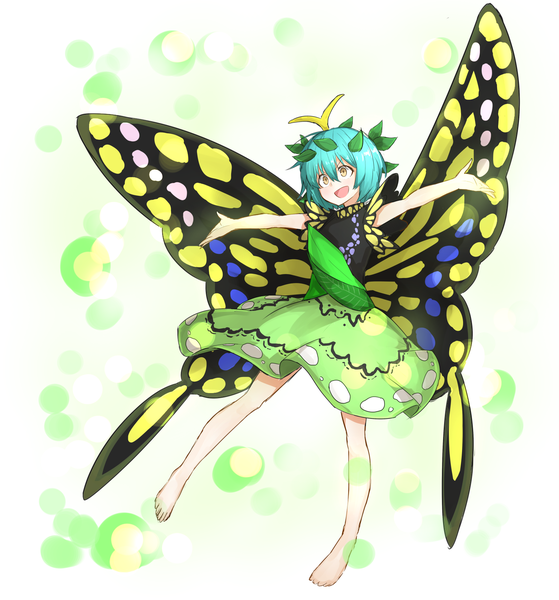Anime picture 1562x1679 with touhou eternity larva kankan33333 kan (aaaaari35) single tall image fringe short hair open mouth hair between eyes yellow eyes looking away full body :d barefoot aqua hair spread arms insect wings butterfly wings >:d