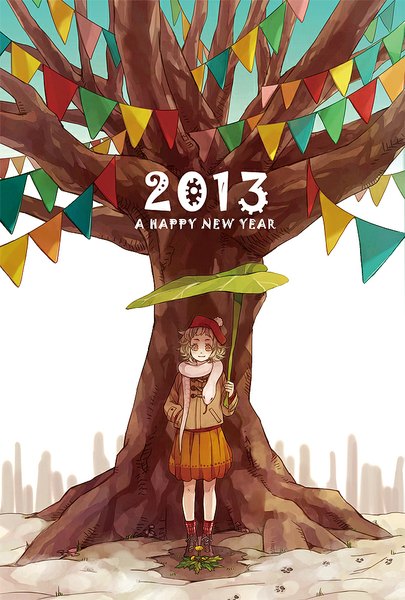 Anime picture 676x1000 with original anzu (astro75) single tall image looking at viewer short hair blonde hair red eyes standing light smile hand in pocket new year happy new year 2013 girl skirt plant (plants) animal tree (trees) leaf (leaves)