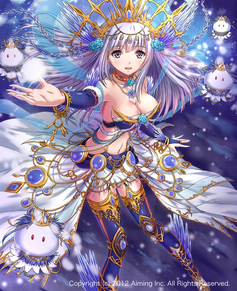 Anime picture 800x980 with original chaki-yam single long hair tall image looking at viewer breasts open mouth light erotic large breasts bare shoulders silver hair midriff outstretched arm snowing snow silver eyes girl dress navel