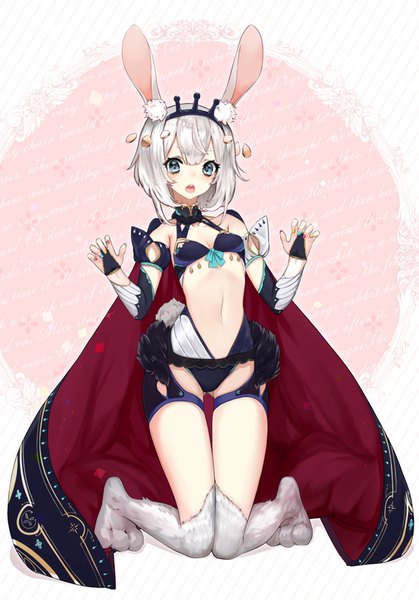 Anime picture 644x921 with original mins (minevi) single tall image looking at viewer fringe short hair open mouth blue eyes light erotic animal ears silver hair full body tail nail polish animal tail bunny ears kneeling ass visible through thighs bunny girl
