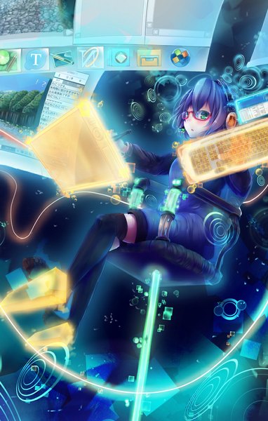 Anime picture 722x1133 with original sawa nao single tall image blush fringe sitting holding purple hair zettai ryouiki heterochromia glowing glow girl thighhighs glasses headphones chair laptop computer keyboard