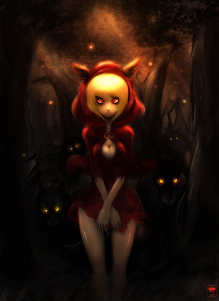 Anime picture 1700x2338 with little red riding hood little red riding hood (character) ibroid (artist) single tall image looking at viewer short hair breasts light erotic blonde hair red eyes animal ears cleavage legs girl animal choker hood beads wolf
