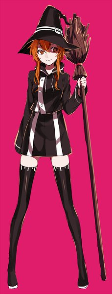 Anime picture 400x1047 with original arisaka ako's witch arisaka ako single long hair tall image fringe standing holding looking away full body light smile orange hair orange eyes pink background pale skin witch girl skirt hat