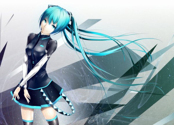 Anime picture 2000x1438 with vocaloid hatsune miku oki (koi0koi) single looking at viewer highres twintails very long hair aqua eyes aqua hair girl skirt